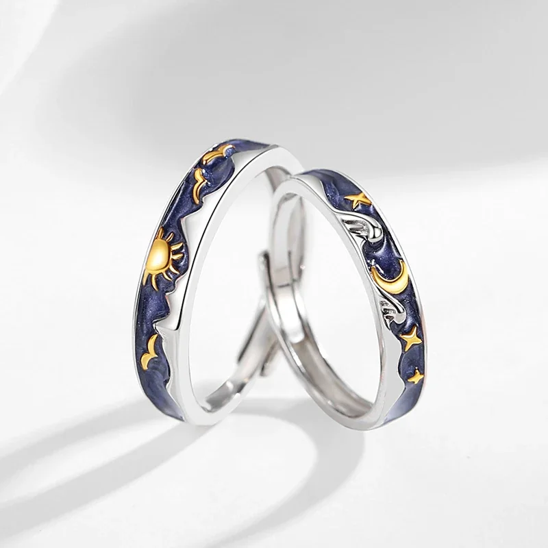 Celestial 925 Sterling Silver Blue Enamel Sun Moon Open Rings