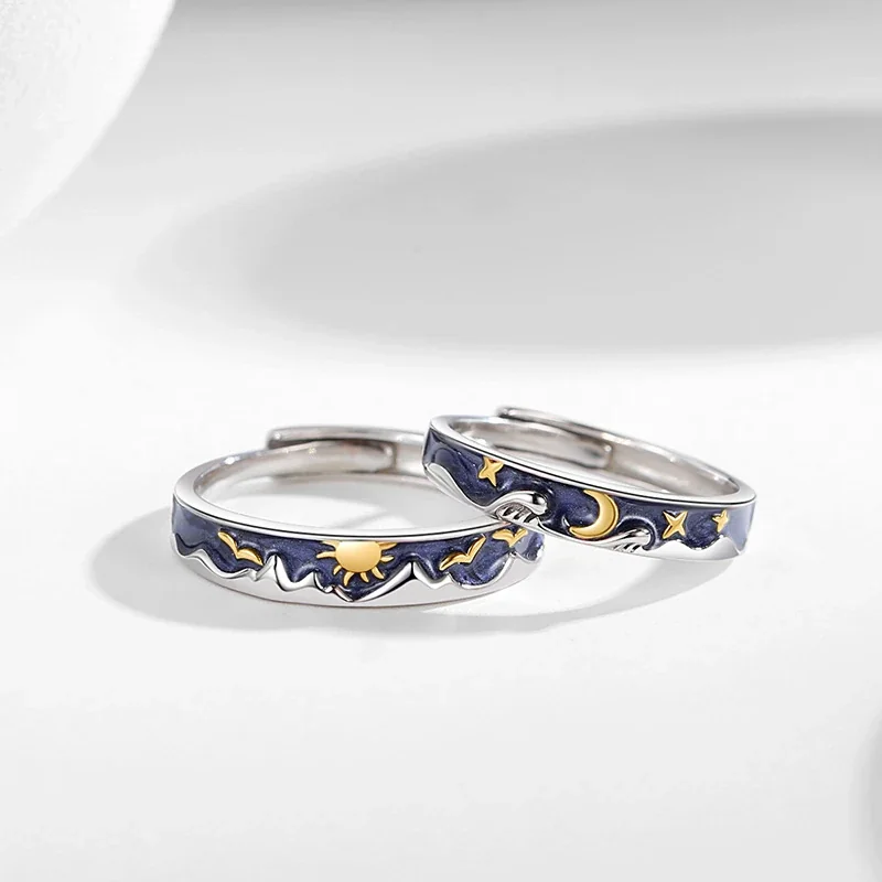 Celestial 925 Sterling Silver Blue Enamel Sun Moon Open Rings