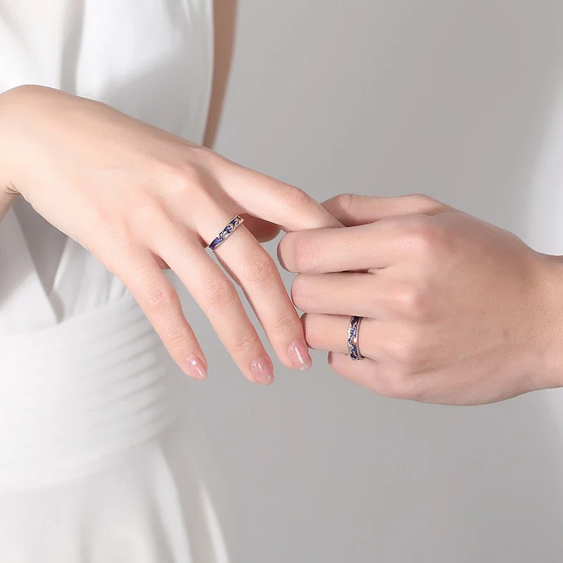 Celestial 925 Sterling Silver Blue Enamel Sun Moon Open Rings