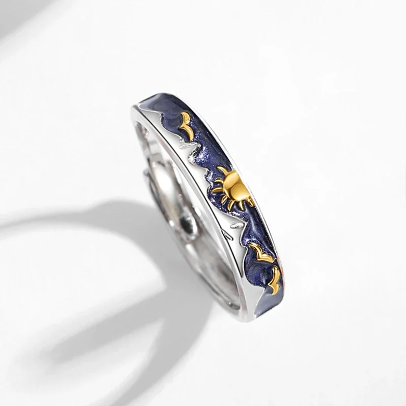 Celestial 925 Sterling Silver Blue Enamel Sun Moon Open Rings - Men's Style