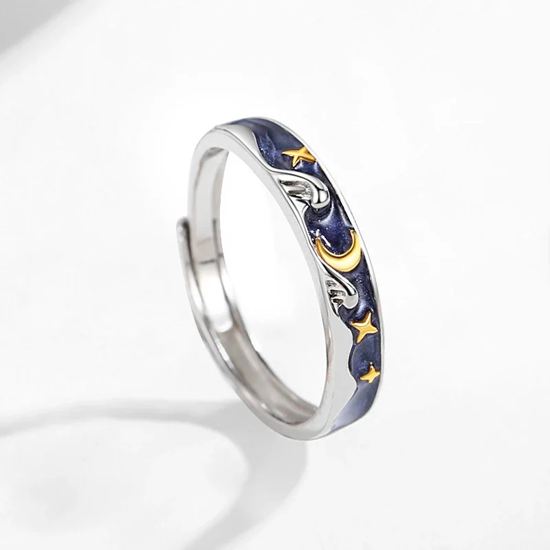 Celestial 925 Sterling Silver Blue Enamel Sun Moon Open Rings - Women's Style
