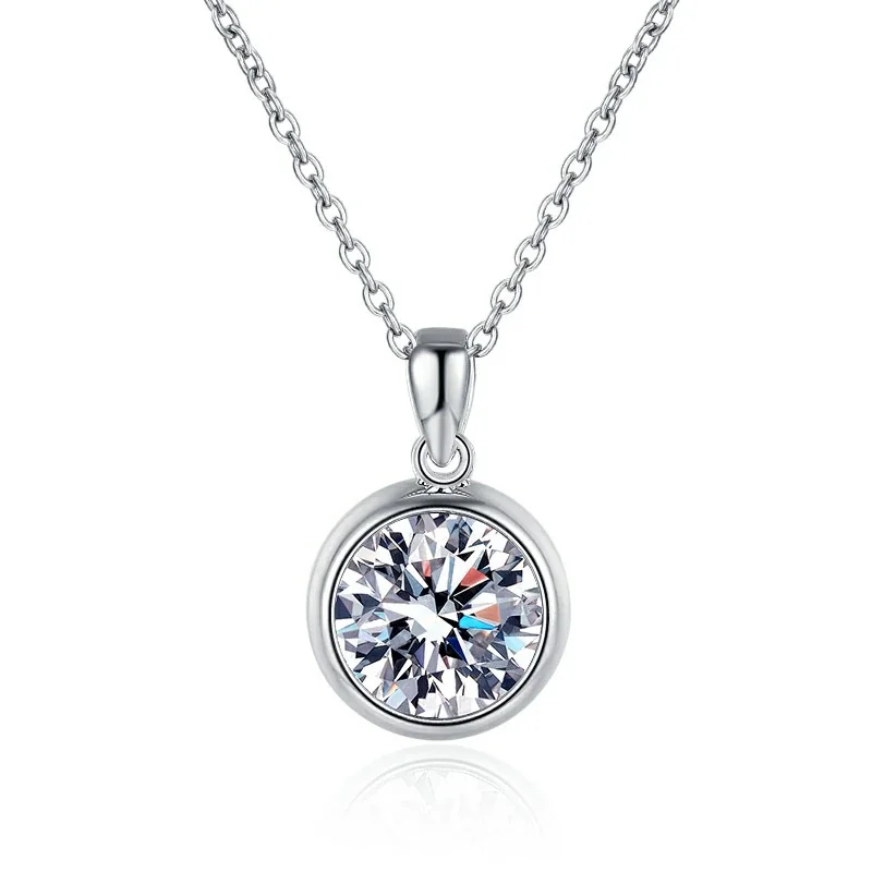 Luminous Bezel Round Moissanite 925 Sterling Silver Pendant Necklace