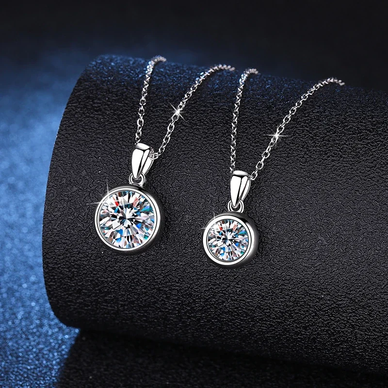 Luminous Bezel Round Moissanite 925 Sterling Silver Pendant Necklace