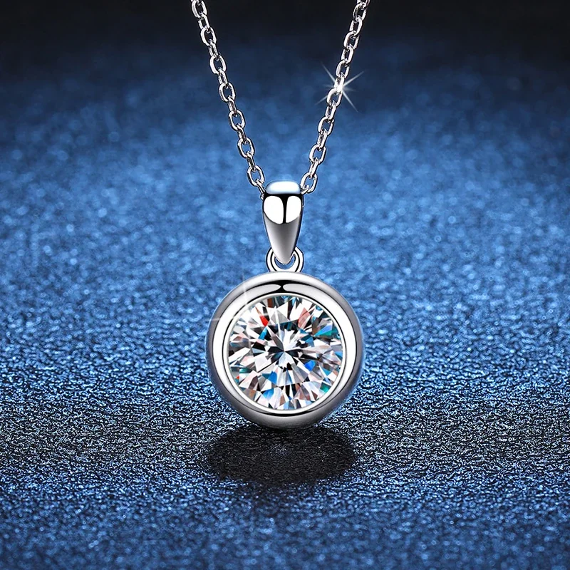 Luminous Bezel Round Moissanite 925 Sterling Silver Pendant Necklace