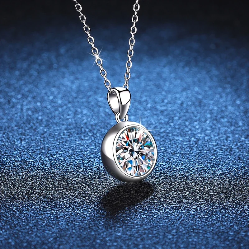 Luminous Bezel Round Moissanite 925 Sterling Silver Pendant Necklace