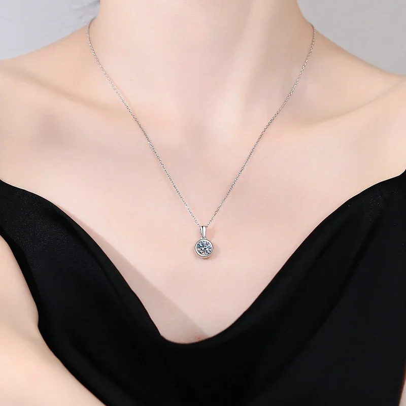 Luminous Bezel Round Moissanite 925 Sterling Silver Pendant Necklace