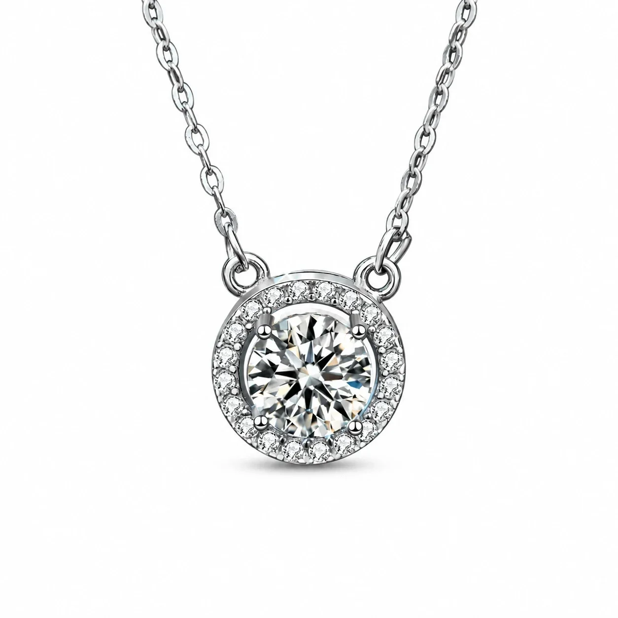 Radiant 925 Sterling Silver Four-Prong Halo Necklace