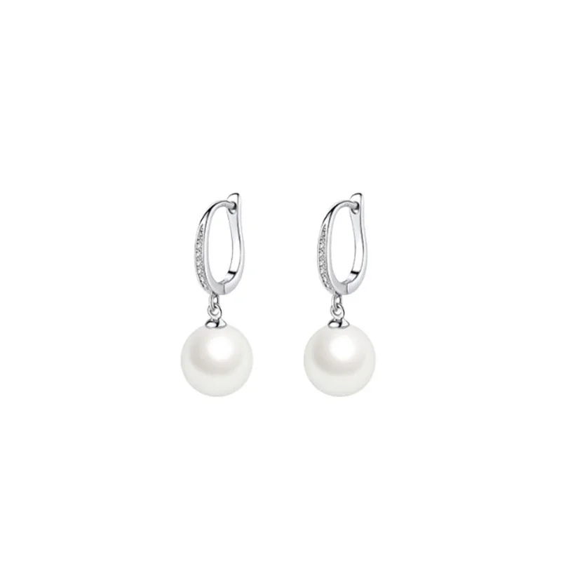Polished Oval Hoop Pavé Bar 925 Sterling Silver Pearl Earrings