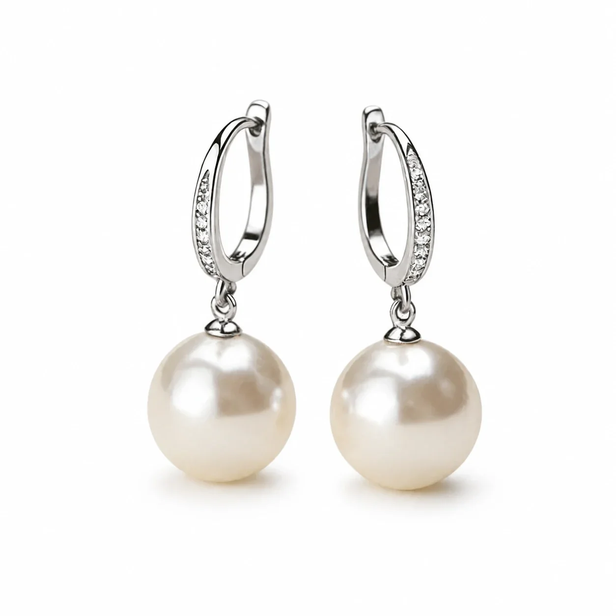 Polished Oval Hoop Pavé Bar 925 Sterling Silver Pearl Earrings