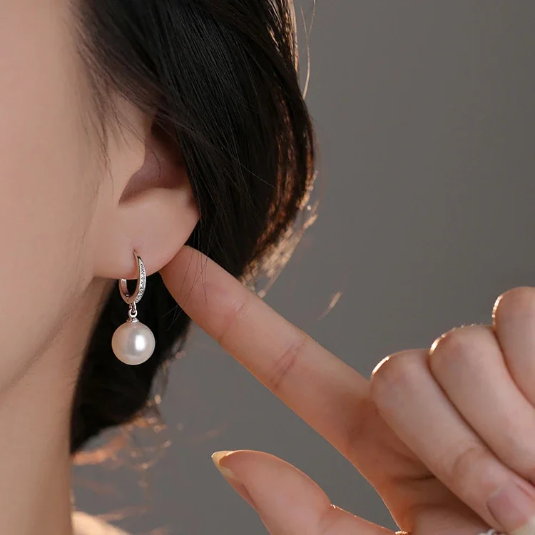 Polished Oval Hoop Pavé Bar 925 Sterling Silver Pearl Earrings