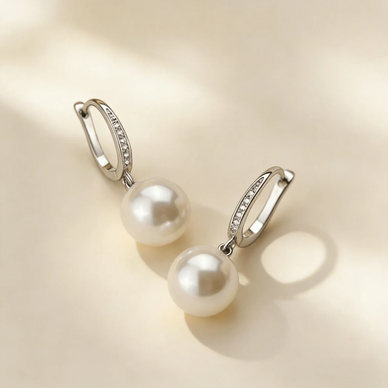 Polished Oval Hoop Pavé Bar 925 Sterling Silver Pearl Earrings