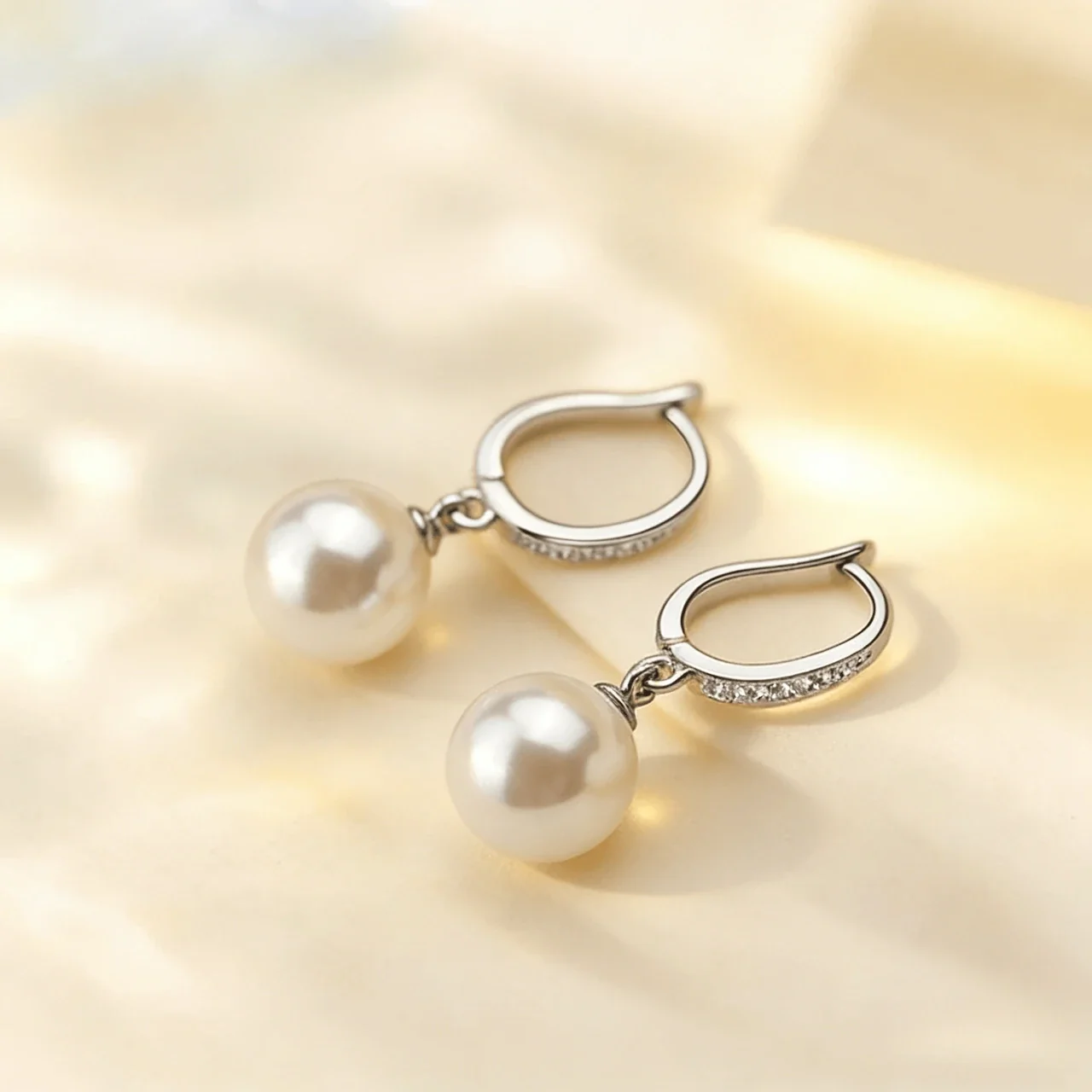 Polished Oval Hoop Pavé Bar 925 Sterling Silver Pearl Earrings