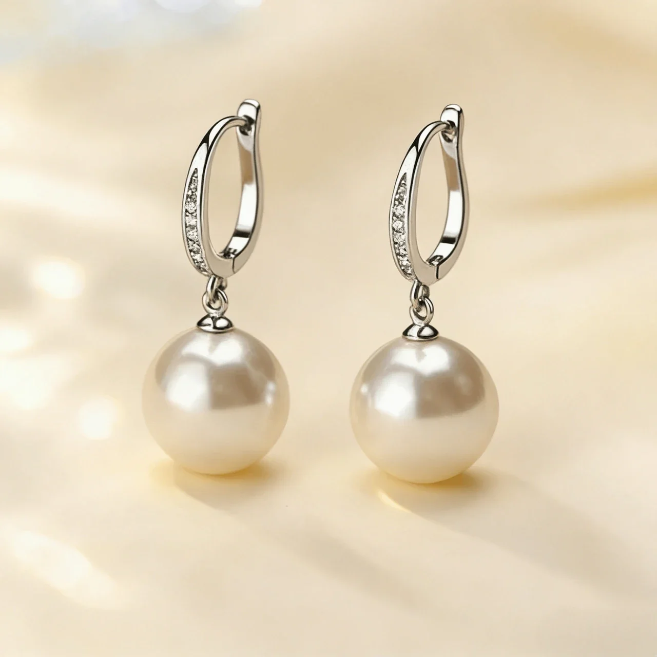 Polished Oval Hoop Pavé Bar 925 Sterling Silver Pearl Earrings - White Gold Pearl 10 mm