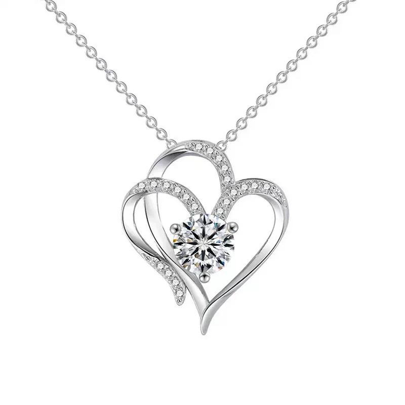 Romantic 925 Sterling Silver Pavé Double-Heart Moissanite Necklace
