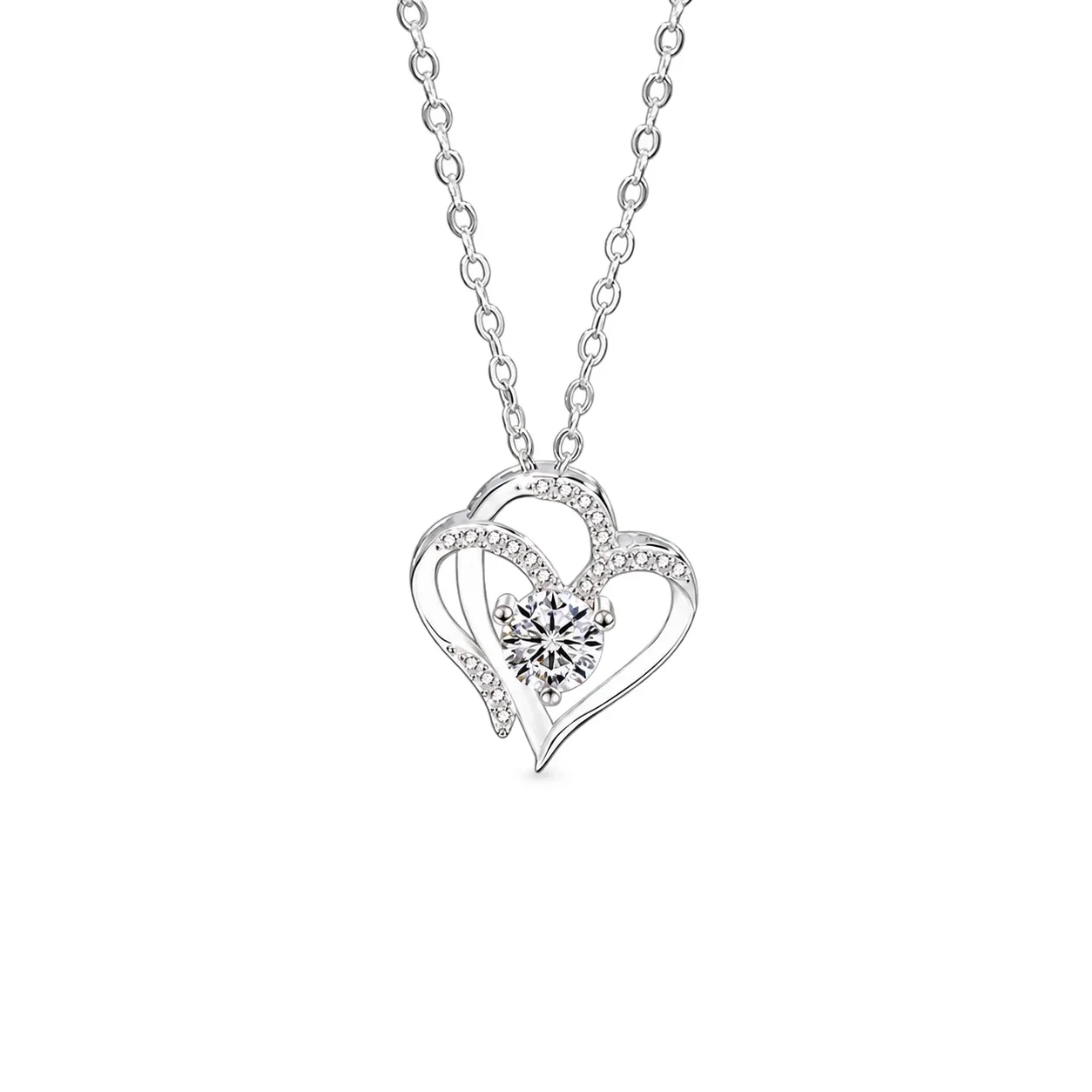 Romantic 925 Sterling Silver Pavé Double-Heart Necklace