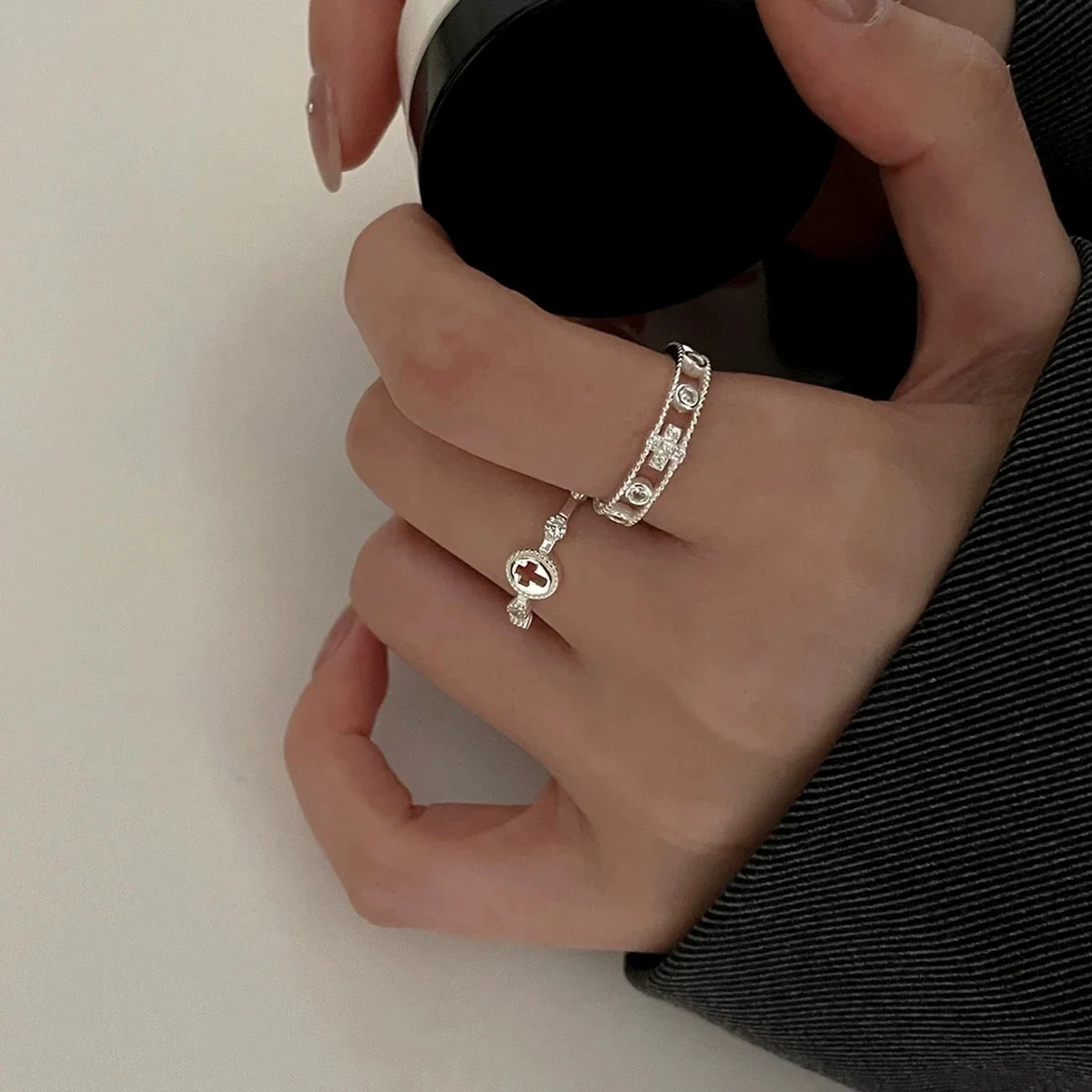 Refined Electroplated Open Cross Crystal 925 Sterling Silver Ring