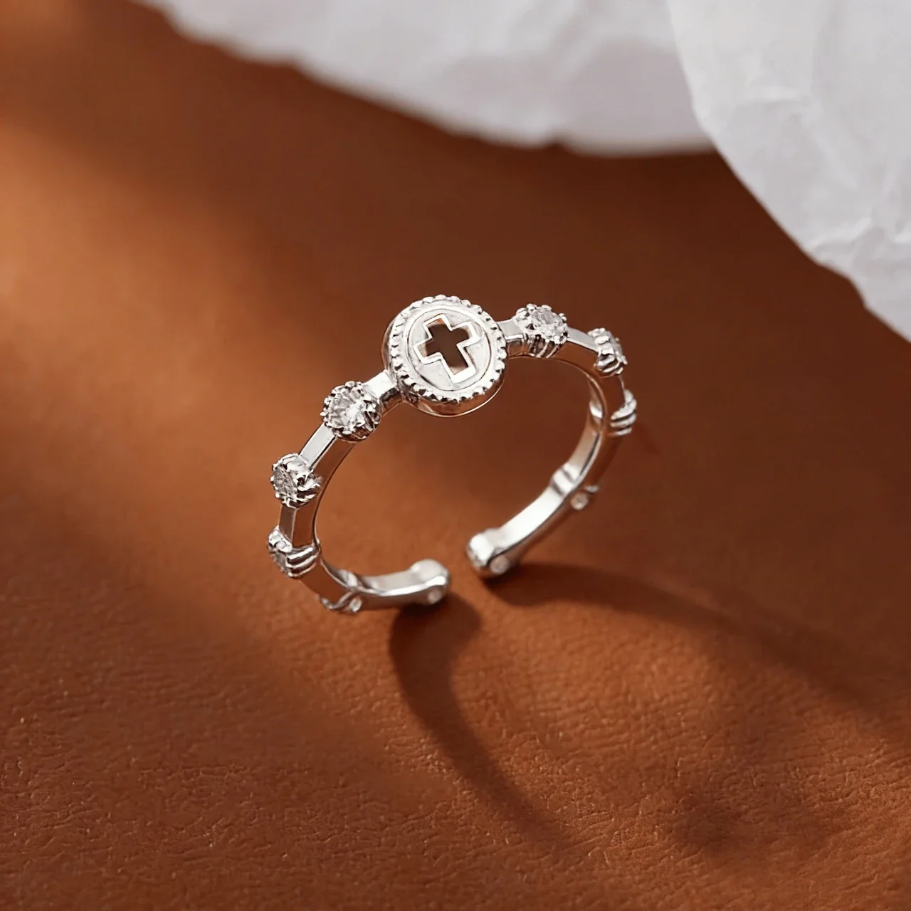Refined Electroplated Open Cross Crystal 925 Sterling Silver Ring
