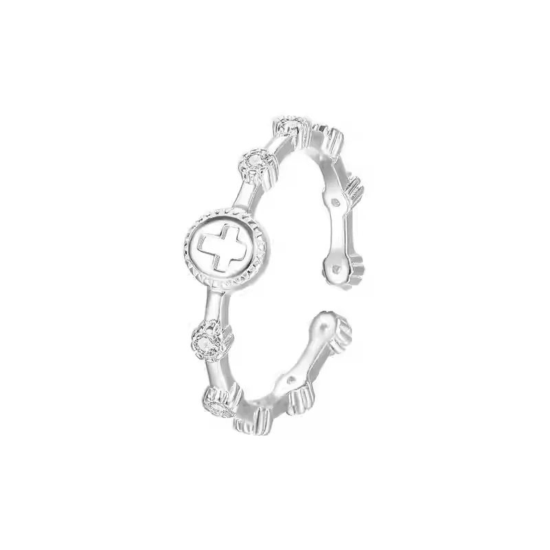 Refined Electroplated Open Cross Crystal 925 Sterling Silver Ring