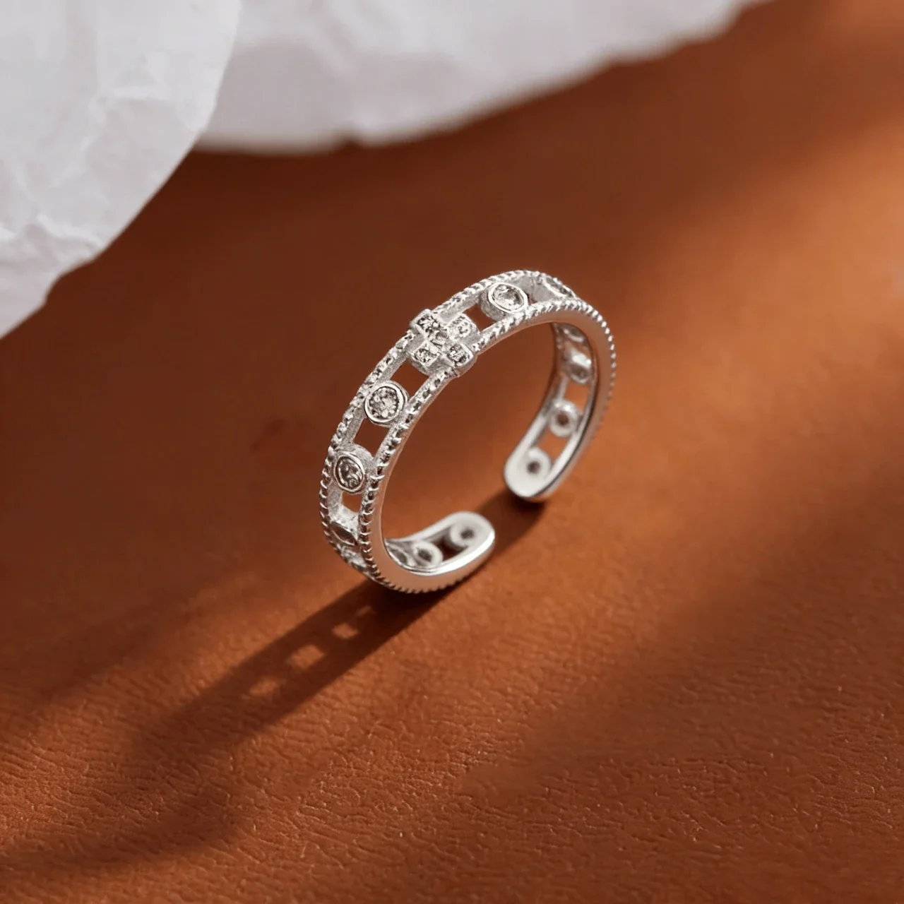 Refined Electroplated Open Cross Crystal 925 Sterling Silver Ring - Silver