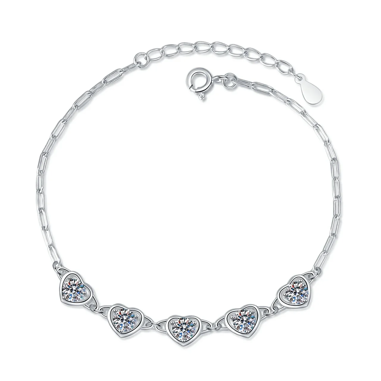 Dainty Five-Heart 925 Sterling Silver Round Moissanite Bracelet