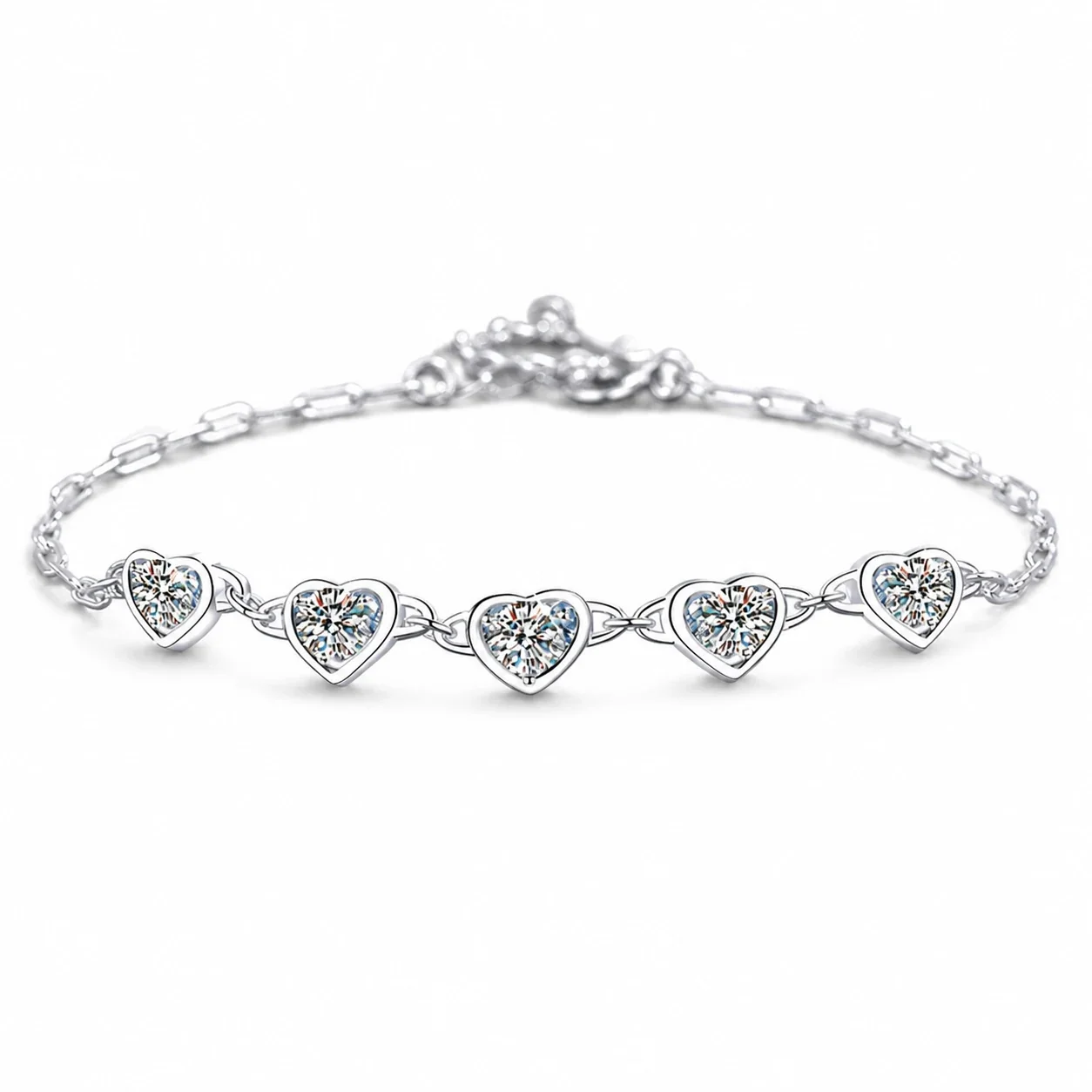 Dainty Five-Heart 925 Sterling Silver Round Moissanite Bracelet