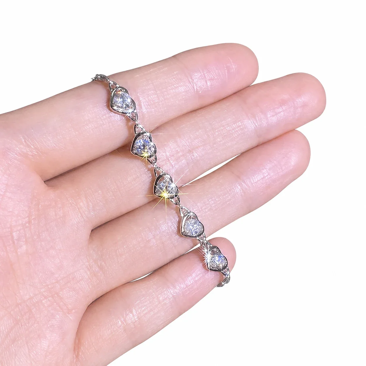 Dainty Five-Heart 925 Sterling Silver Round Moissanite Bracelet
