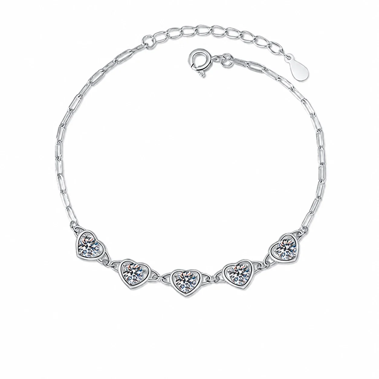 Dainty Five-Heart 925 Sterling Silver Round Moissanite Bracelet - . ct Moissanite