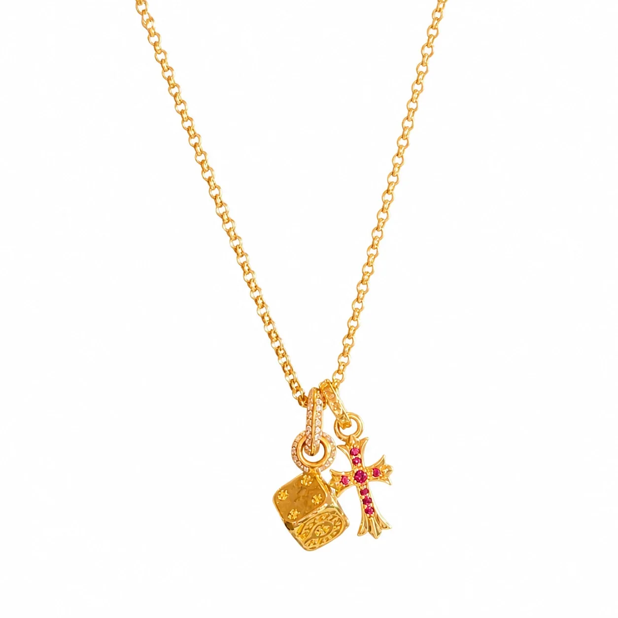 Runic Dice Cross Gold-Plated Copper Pendant Necklace