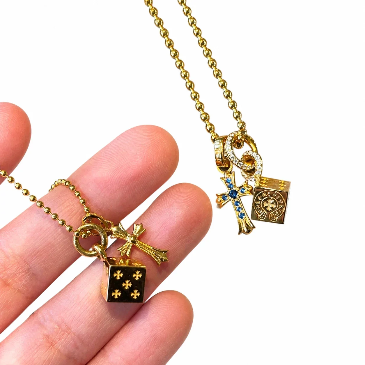 Runic Dice Cross Gold-Plated Copper Pendant Necklace