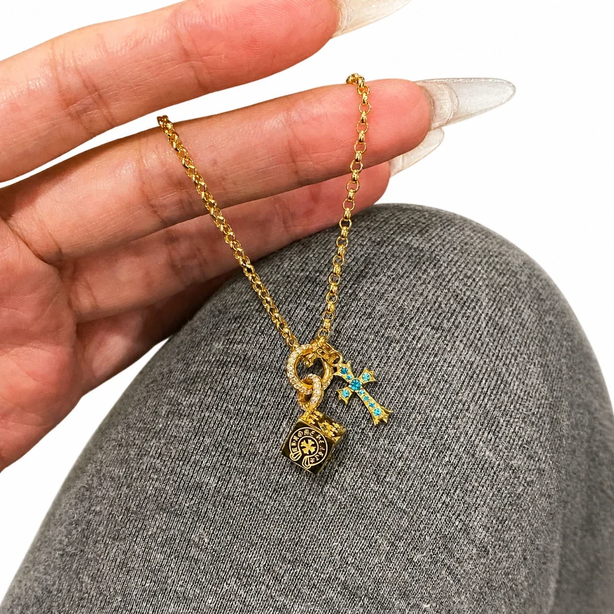 Runic Dice Cross Gold-Plated Copper Pendant Necklace