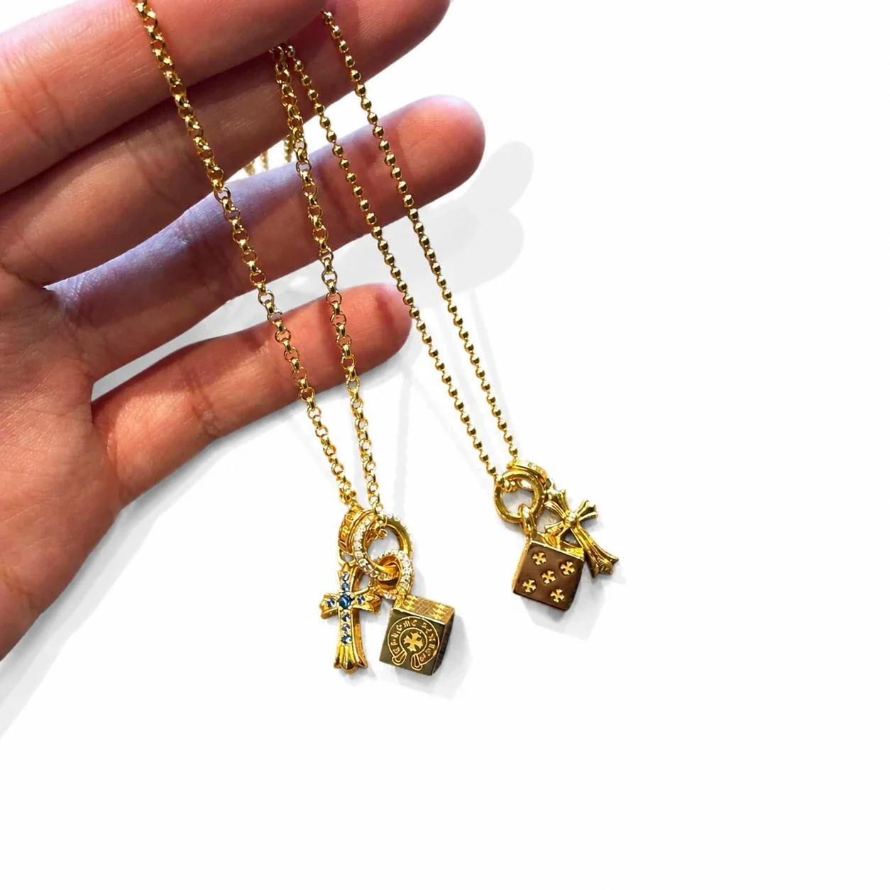 Runic Dice Cross Gold-Plated Copper Pendant Necklace