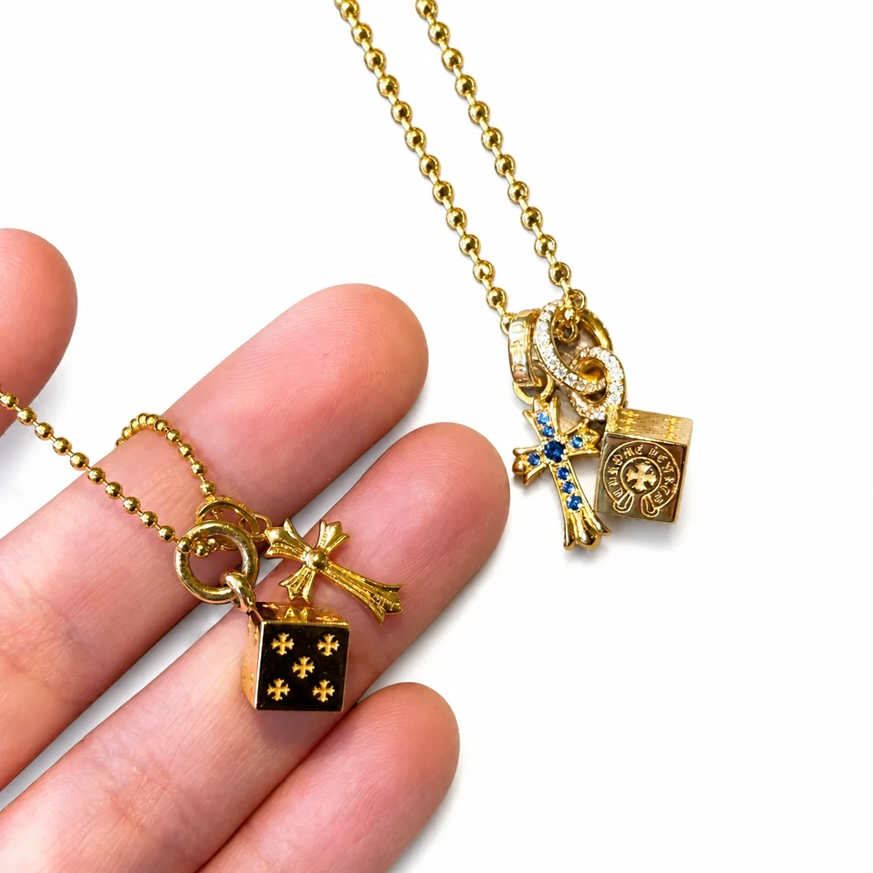 Runic Dice Cross Gold-Plated Copper Pendant Necklace