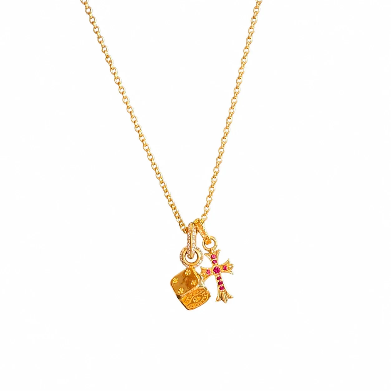 Runic Dice Cross Gold-Plated Copper Pendant Necklace - Gold Red Crystal Cross Dice
