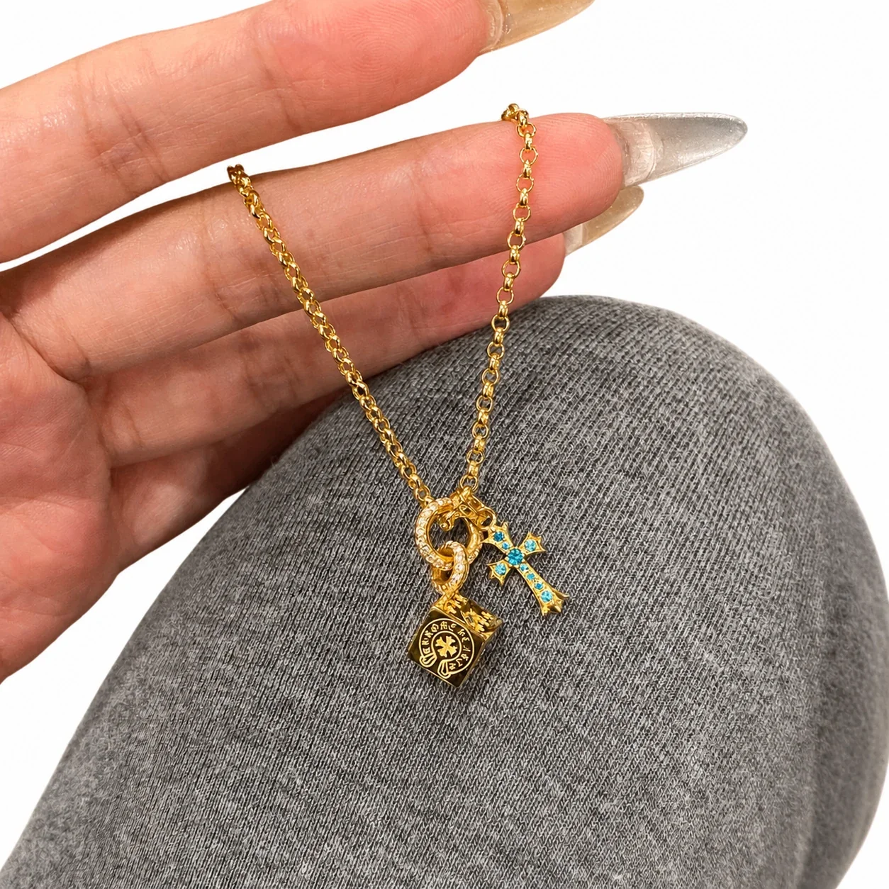 Runic Dice Cross Gold-Plated Copper Pendant Necklace - Gold Blue Crystal Cross Dice