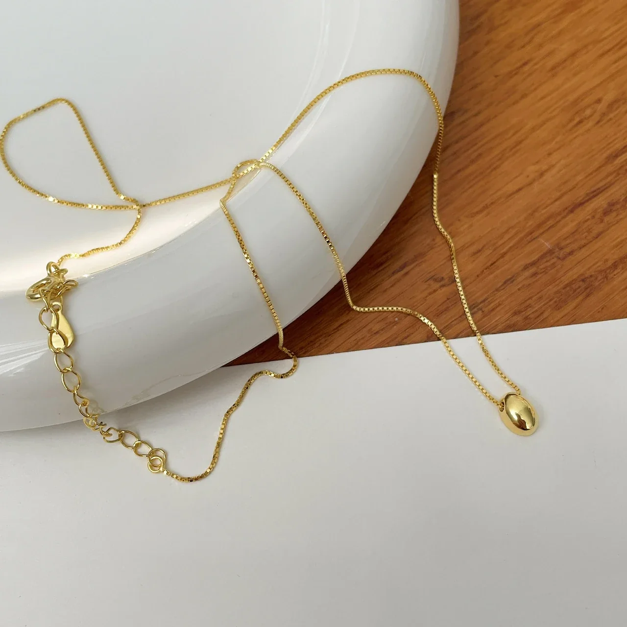 Polished Oval Bean 925 Sterling Silver Box Chain Necklace