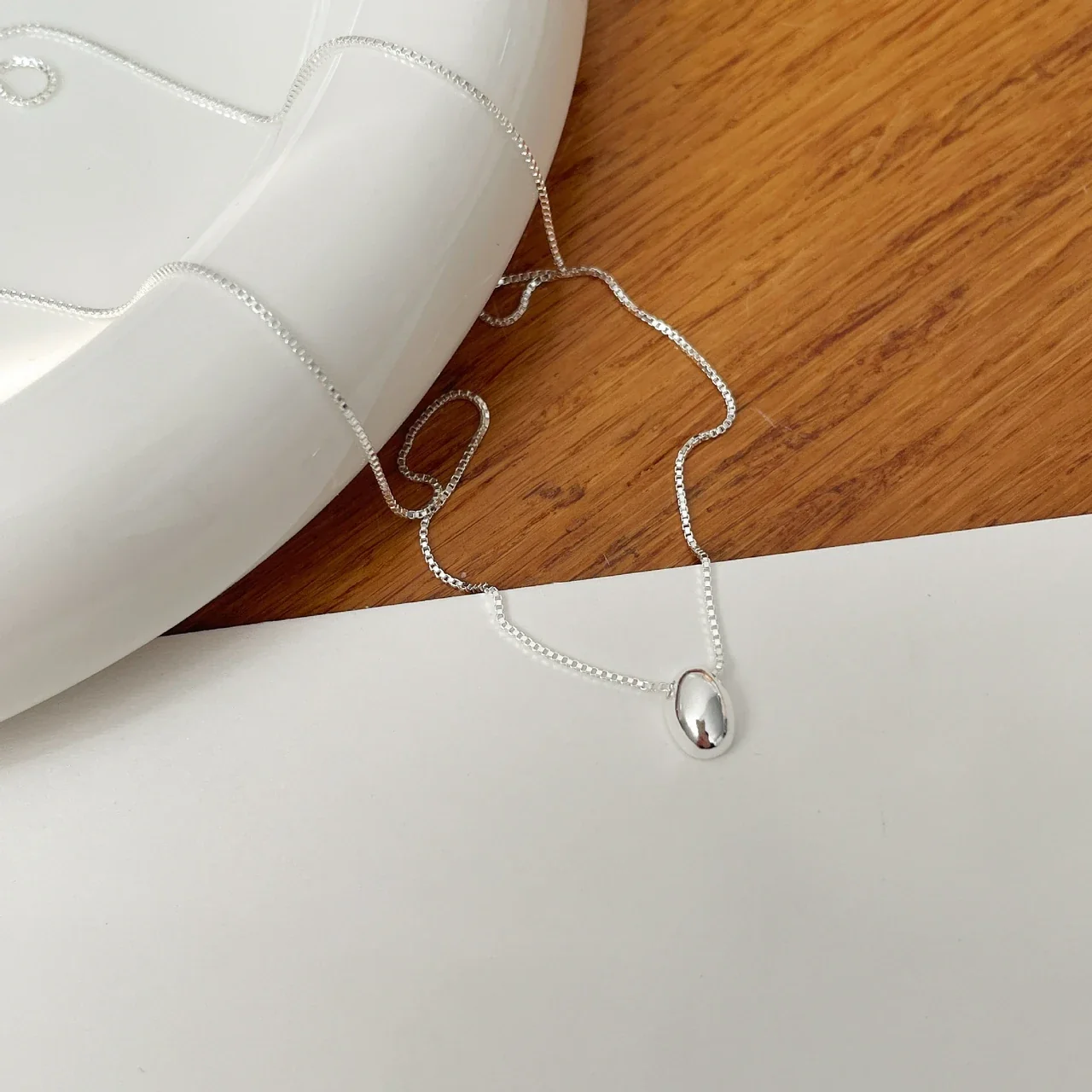 Polished Oval Bean 925 Sterling Silver Box Chain Necklace