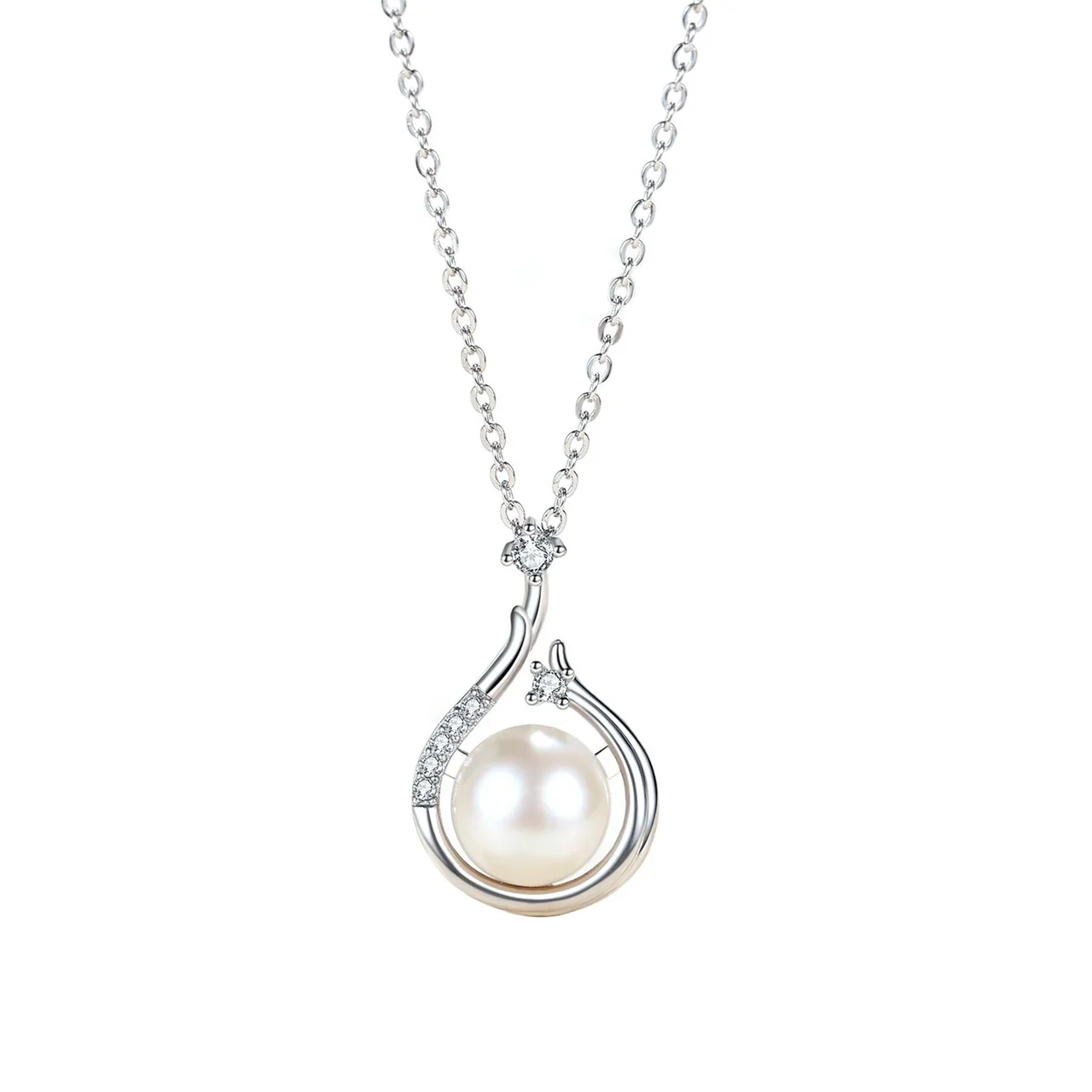 Graceful 925 Sterling Silver Pearl Swirl Pendant Necklace