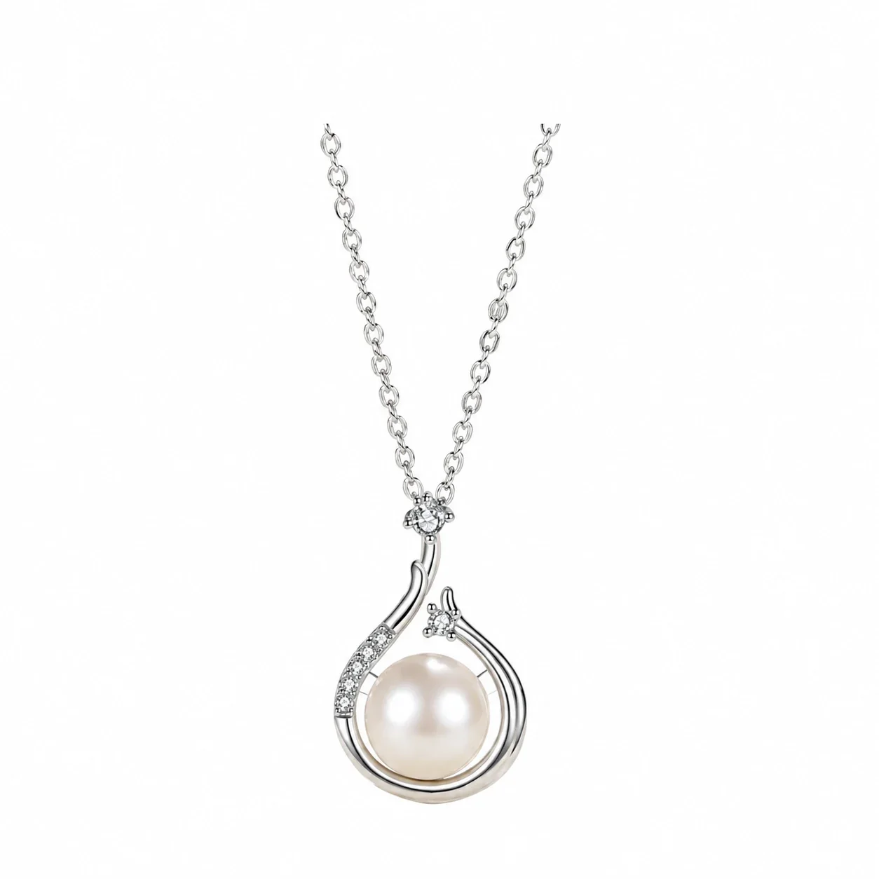 Graceful 925 Sterling Silver Pearl Swirl Pendant Necklace