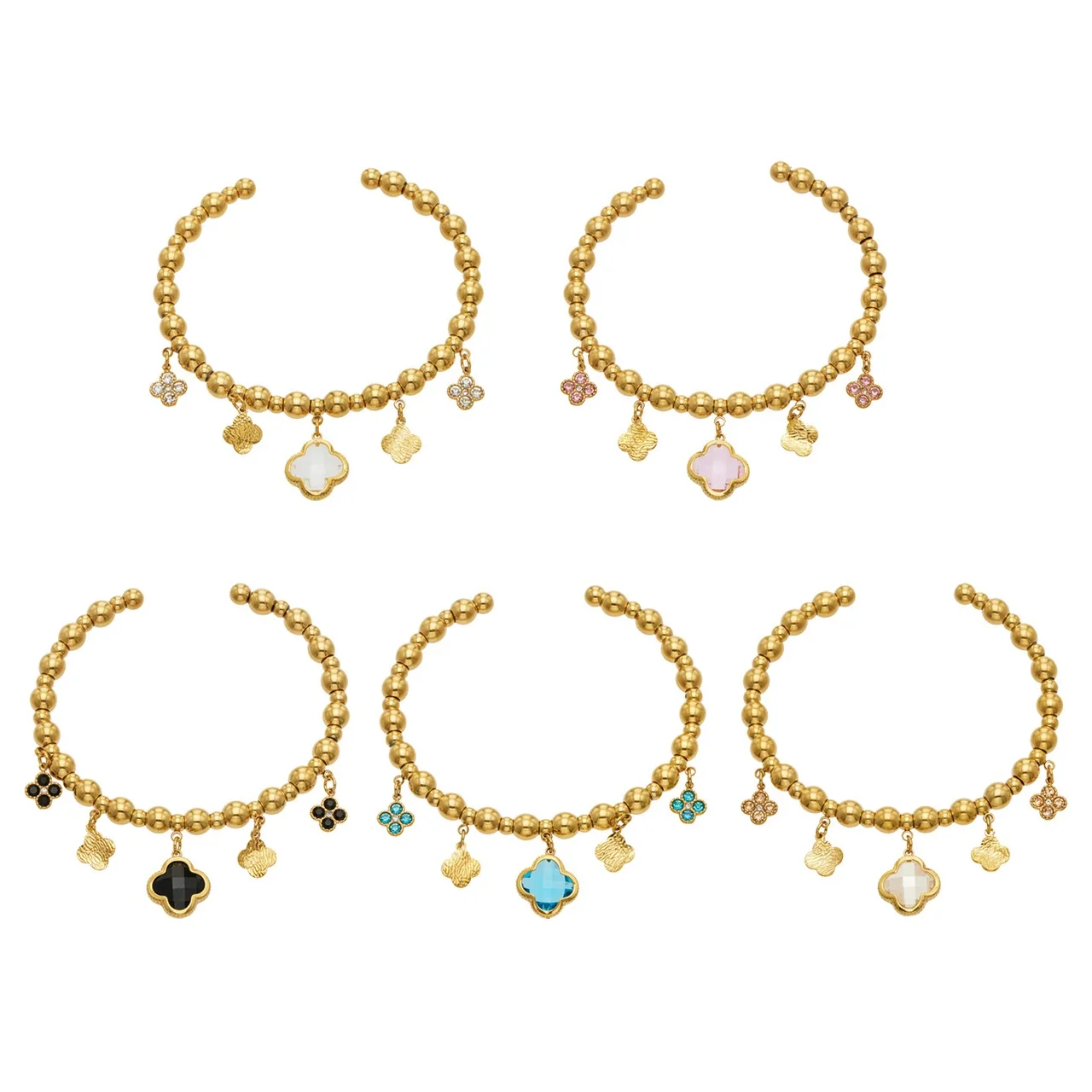 Bohemian 18K Gold-Plated Bead Clover Stainless Steel Bangle