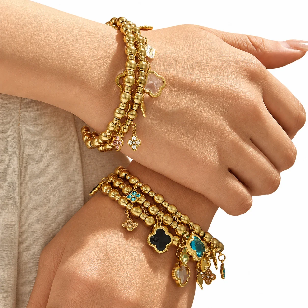 Bohemian 18K Gold-Plated Bead Clover Stainless Steel Bangle