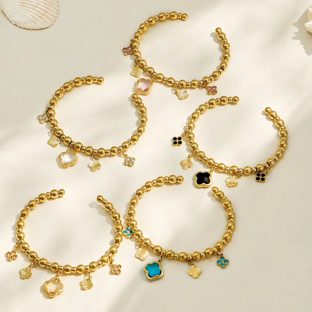 Bohemian 18K Gold-Plated Bead Clover Stainless Steel Bangle