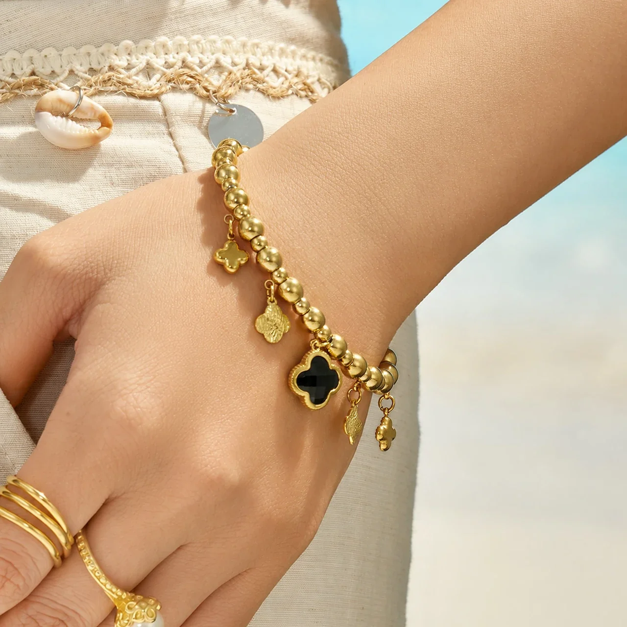 Bohemian 18K Gold-Plated Bead Clover Stainless Steel Bangle