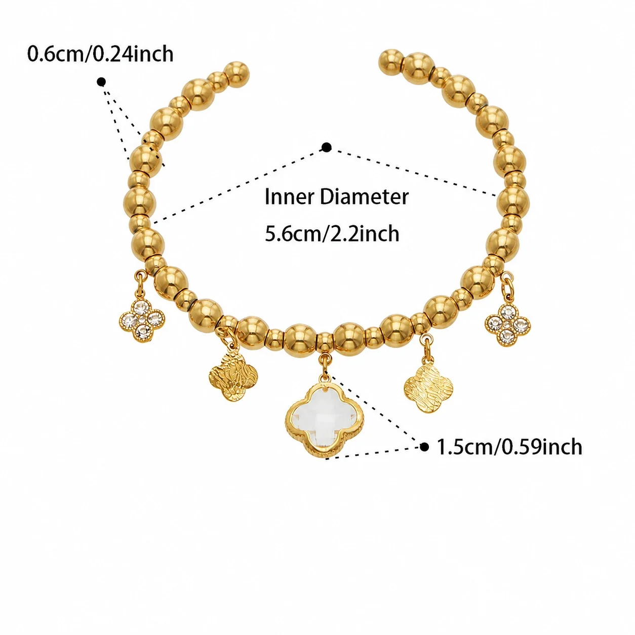Bohemian 18K Gold-Plated Bead Clover Stainless Steel Bangle - Gold White CZ Clover