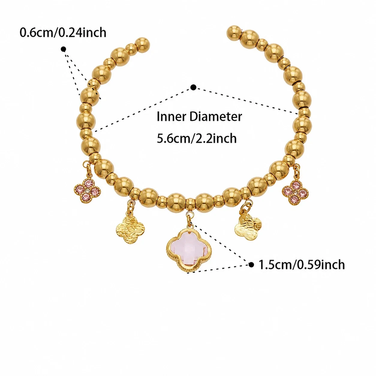 Bohemian 18K Gold-Plated Bead Clover Stainless Steel Bangle - Gold Pink CZ Clover
