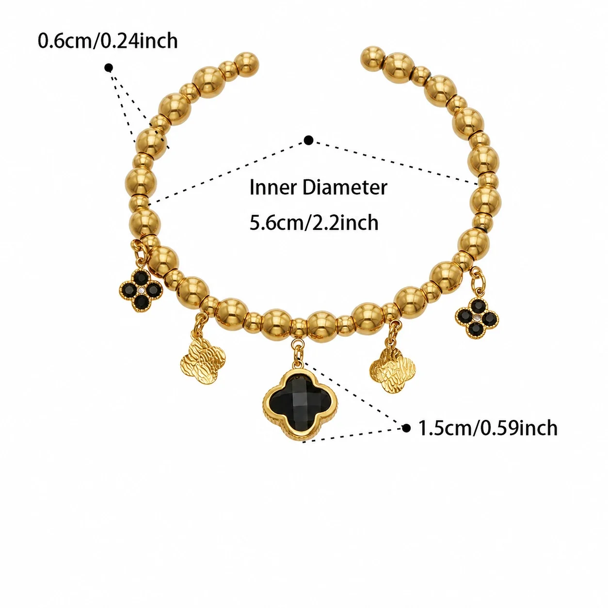 Bohemian 18K Gold-Plated Bead Clover Stainless Steel Bangle - Gold Black CZ Clover