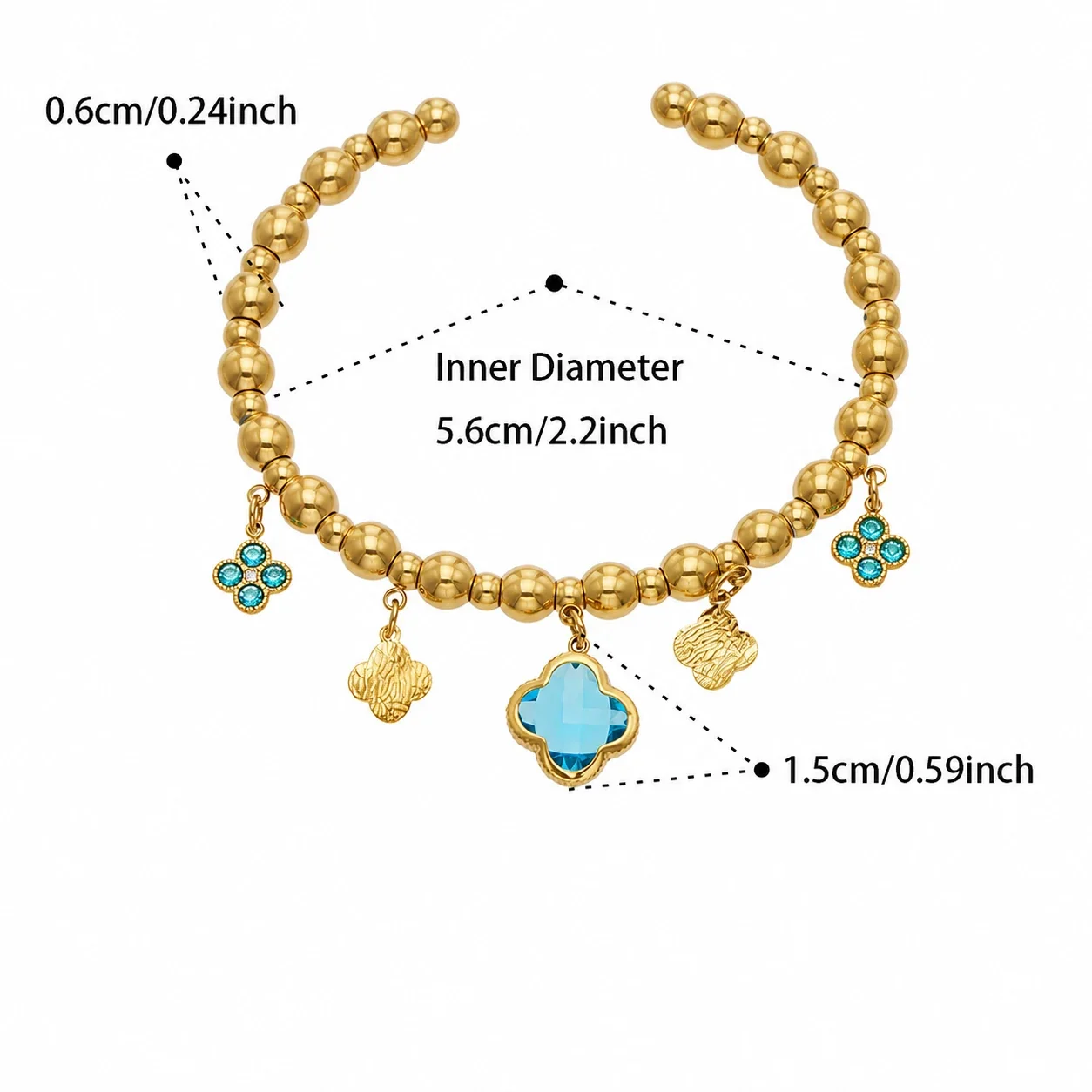 Bohemian 18K Gold-Plated Bead Clover Stainless Steel Bangle - Gold Blue CZ Clover