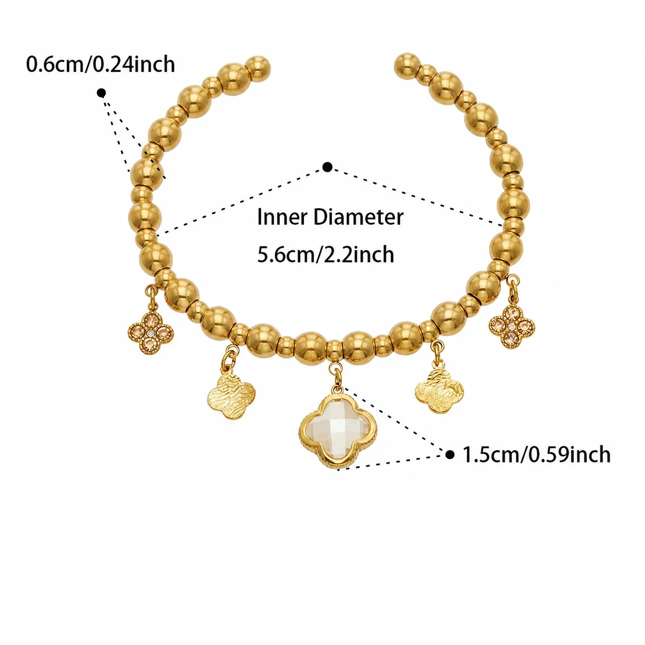 Bohemian 18K Gold-Plated Bead Clover Stainless Steel Bangle - Gold Champagne CZ Clover