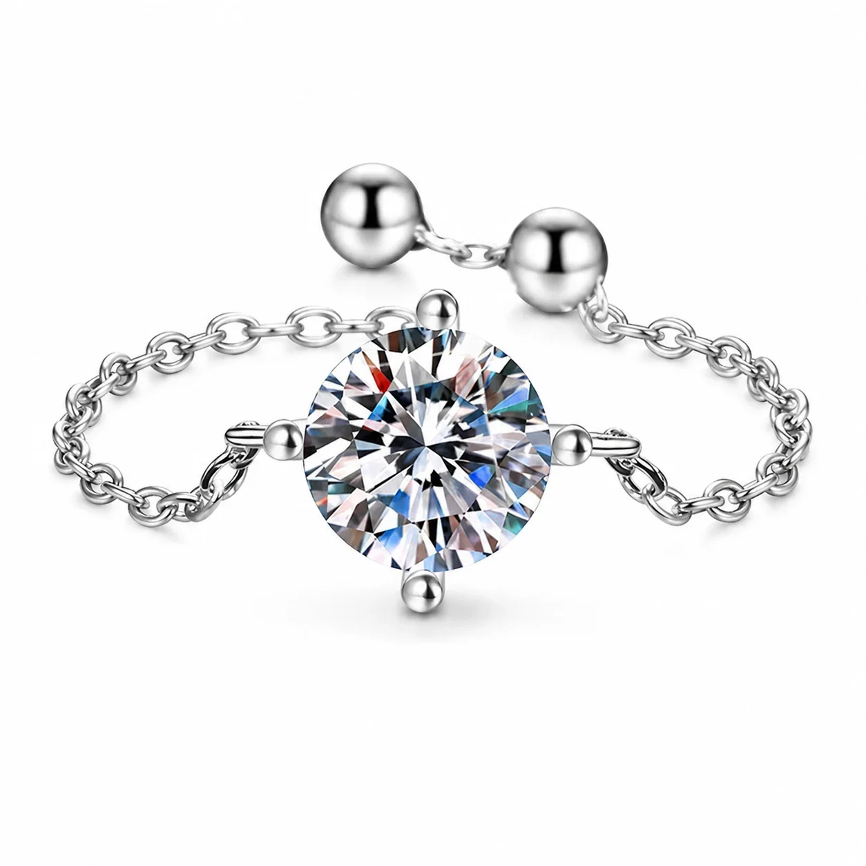 Delicate Round Moissanite 925 Sterling Silver Chain Ring