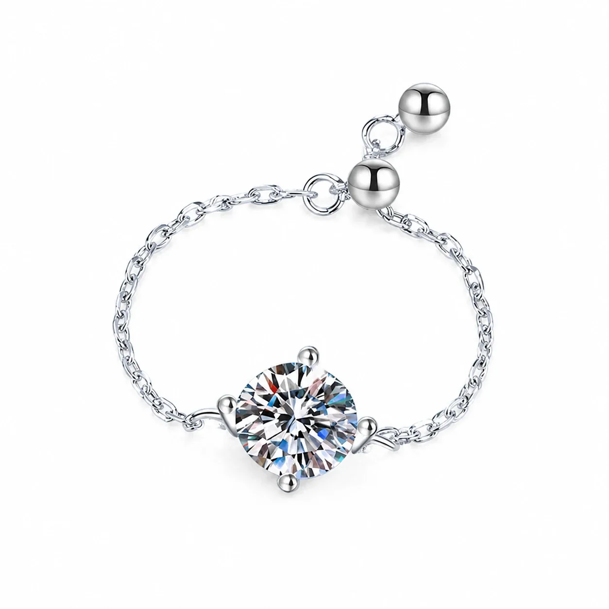 Delicate Round Moissanite 925 Sterling Silver Chain Ring