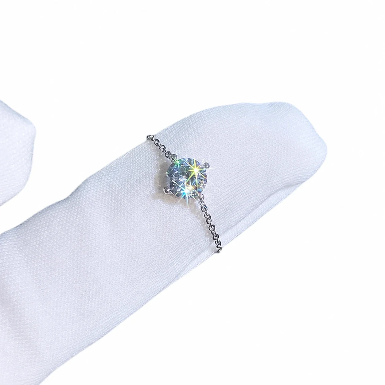Delicate Round Moissanite 925 Sterling Silver Chain Ring
